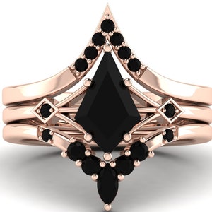 Art Deco Kite Shaped Black Onyx Engagement Ring Set Vintage Black Onyx Wedding Ring For Women Antique Black Onyx Bridal Anniversary Ring Set