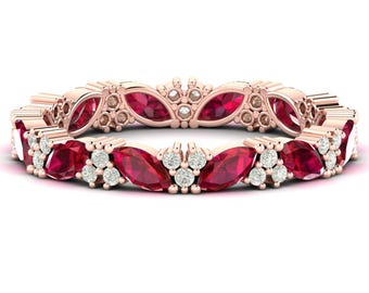 Solid 14K Yellow Gold Ruby Ring Ruby Eternity Band For Women Ruby wedding band promise ring 925 sterling silver Ruby Band Ring Stacking Ring