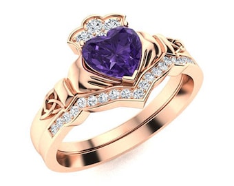 Natürlicher Amethyst Claddagh Verlobungsring für Frauen 14k Gold Amethyst Ehering Bestellung reserviert für Devin Kanto im Layaway Zahlungsplan