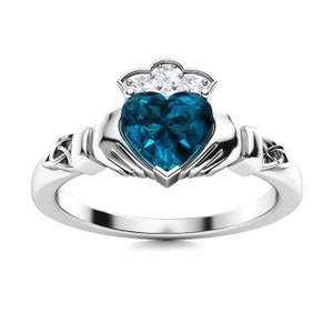 Natural London Blue Topaz Claddagh Wedding Ring 14k Gold Blue Topaz Engagement Rings Vintage Claddagh Wedding rings Blue Topaz Silver Rings