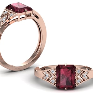 14k Gold Red Garnet Rings Emerald Cut Garnet Engagement Rings Vintage Garnet Wedding Rings Bridal Anniversary Gift Rings January Birthstone