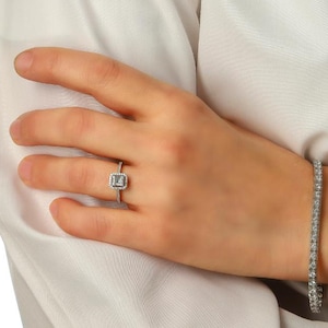 Baguette Halo Lab Grown Diamond Ring, Engagement Ring for Her, Diamond Wedding Ring, Solitaire Proposal Ring, Unique Pave Setting Ring