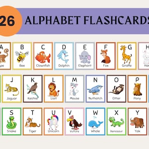 Printable Animal Alphabet Flash Cards, Classroom Decor, Toddlers Preschool Early Learning Resource, Nursery Decor, Montessori Materials