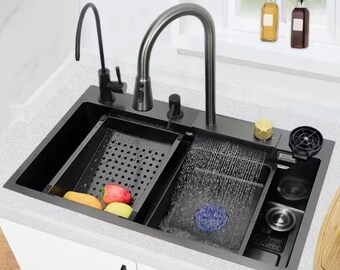 Waterfall Kitchen Sink,Modern Design and High-Quality Materials to Add Elegance to Your Kitchens, Water-Saving, Durable and Convenient Sink