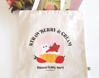 Bolso de mano con diseño de gato con fresas y crema / Bolso de mano, bolso de hombro, bolso de compras de lona 100 % algodón
