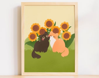 Beijo de gatinho girassol | Impressão bonito da ilustração do casal do gato | Pôster de decoração de parede arte amante de gatos