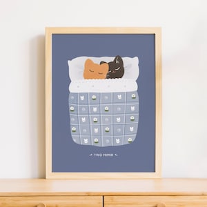 2 つのミミル | 黒とオレンジの猫の睡眠イラスト プリント | 壁装飾ポスター 猫好きアート