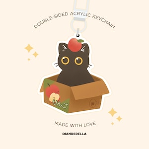Schwarze süße Katze in einer Apfelschachtel Acryl Schlüsselanhänger - Niedlicher Kawaii Kitty Anhänger