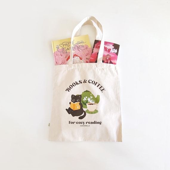 Books & Coffee Black Cat Tote Bag | 100% cotton canvas totebag, shoulder bag, shopping bag