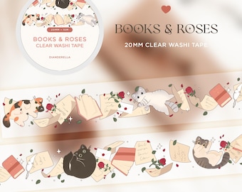 Books & Roses Clear Washi Tape | Cute bookish cat stationery masking tape | Kawaii washitape korean stationery