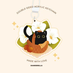 Picnic Basket Cute Black Cat Acrylic Keychain - Cute Kawaii Kitty Charm