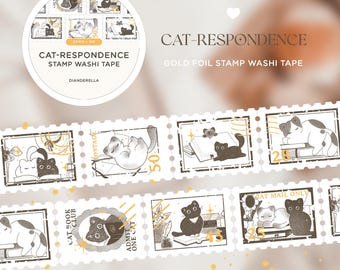 Cat-respondence Washi Tape | Cute Bookish Gold Foil Stamp Cat stationery masking tape | Kawaii washitape korean stationery