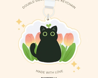 Niedliche Tulpe Schwarze Katze Acryl Schlüsselanhänger - Cute Kawaii Kitty Charm