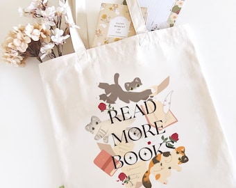 Bolso tote con estampado de gatos y libros / Bolso tote de lona 100% algodón, bolso de hombro, bolso de compras