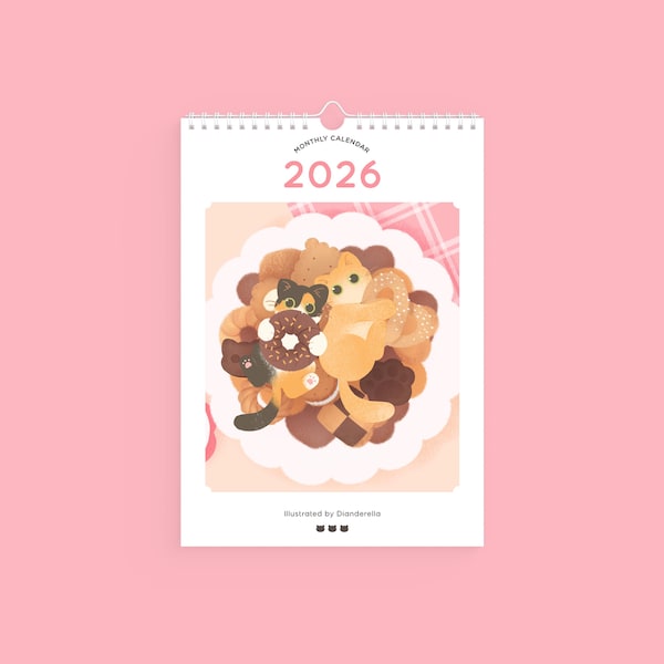 2026 Cat Calendar | Wall Calendar A4 Original Illustrated | Cute Kawaii Stationery Monthly Planner