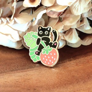 Strawberry kitty | Cute black cat enamel pin | Adorable coquette kitty hard lapel pin board filler gold plated