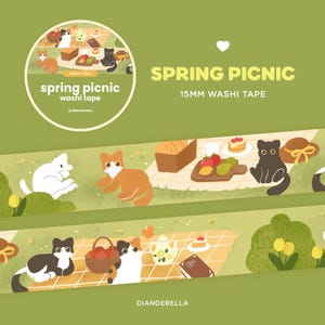 Spring Picnic Kitties Washi Tape | Cute cottagecore cat stationery masking tape | Kawaii washi tape korean stationery