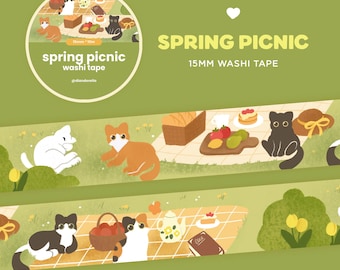 Spring Picnic Kitties Washi Tape | Cute cottagecore cat stationery masking tape | Kawaii washi tape korean stationery