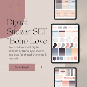 126 pegatinas digitales y panel de estado de ánimo - Set “BOHO LOVE” - prerecortado + GoodNotes StickerBook