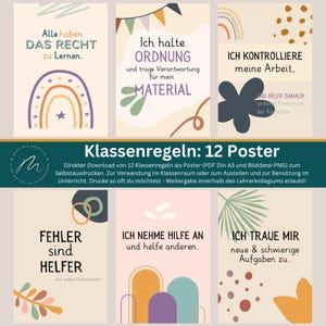 Op de afbeelding: Een set van 12 Duitse klasregels posters, met kleurrijke illustraties en tekst. Elke poster heeft een uniek ontwerp met zinnen als 'We hebben het recht om te leren' en 'Ik neem verantwoordelijkheid voor mijn materiaal'.