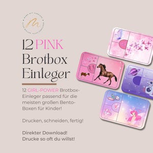 May include: Pink Bento box inserts with various designs, including a horse, butterflies, a fairy, and a planet. The text reads "12 PINK Brotbox Einleger" and "12 GIRL-POWER Brotbox-Einleger". The inserts are designed for large Bento boxes for children.