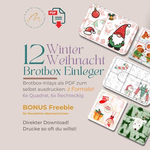 Puede incluir: Imagen promocional de insertos imprimibles para loncheras con temática invernal. El diseño presenta ilustraciones coloridas de adornos navideños, gnomos y otros elementos festivos. El texto incluye "12 Winter Weihnacht Brotbox Einleger" y "BONUS Freebie".
