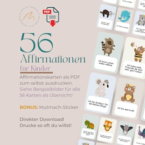 Könnte beinhalten: Werbebild für Affirmationskarten für Kinder. Das Bild zeigt einen Stapel Karten mit Illustrationen von Tieren und positiven Affirmationen auf Deutsch. Der Text auf den Karten enthält Sätze wie „Ich kann schon vieles alleine“ und „Ich bin dankbar für die kleinen Dinge“.