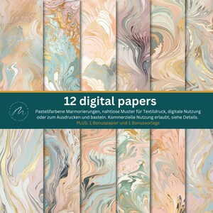 Könnte beinhalten: Zwölf digitale Papiere mit einem nahtlosen Marmormuster in Pastellfarben mit goldenen Akzenten. Die Papiere sind perfekt für Basteln, Scrapbooking und digitale Designprojekte.