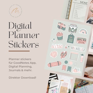 Könnte beinhalten: Ein Set digitaler Planer-Sticker mit verschiedenen Designs, darunter eine Kamera, ein Van, ein Regenbogen, eine Kaffeetasse, ein Rucksack, ein Kassettenrekorder, ein Monstera-Blatt, Flip-Flops, ein Skateboard, ein Notizblock, eine Wasserflasche und ein Natur-Sticker. Die Sticker sind für die Verwendung in digitalen Planern und Tagebüchern gedacht.