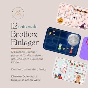 May include: A collection of seasonal Bento box inserts with various designs, including Halloween, a night sky scene, and Christmas themes. The inserts are designed for children's Bento boxes and feature colorful illustrations.