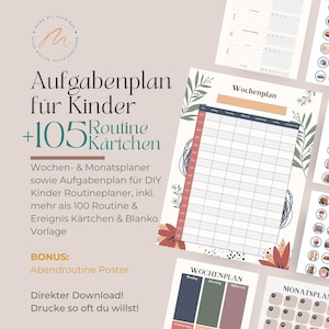 Aufgabenplaner für Kinder - Tages-, Wochen- & Monatsplaner mit über 100 Routine / Ereigniskarten - BONUS Poster - Download (pdf, deutsch)