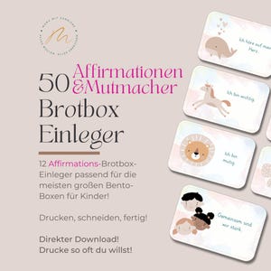 Könnte beinhalten: Ein Set von 50 Affirmationskarten für Kinder, mit Illustrationen von Wal, Einhorn und Löwe. Die Karten enthalten deutsche Sätze, mit den Worten "Affirmationen & Mutmacher Brotbox Einleger". Geeignet für Bento-Boxen.
