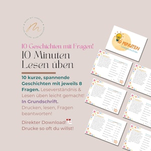 Könnte beinhalten: Ein Set von Lernkarten mit dem Text "10 Minuten Lesen üben" und "10 Geschichten mit Fragen!". Die Karten sind für das Lesetraining konzipiert und enthalten kurze Geschichten mit Fragen. Das Design umfasst bunte Punkte und eine Glühbirnen-Illustration.