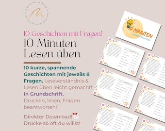 Peut inclure: Ensemble de cartes de lecture en allemand, avec le texte "10 Minuten Lesen üben" et "10 Geschichten mit Fragen!". Les cartes proposent des histoires courtes avec des questions pour améliorer la compréhension. Le design comprend des pois colorés et une illustration d'ampoule.