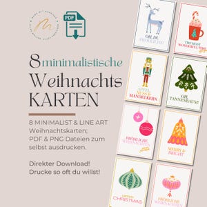 May include: A collection of eight minimalist Christmas cards with various festive illustrations. Designs include a reindeer, a mug of hot cocoa, a nutcracker, a Christmas tree, ornaments, and a bell. The cards are available as PDF and PNG files.