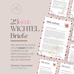Peut inclure: Téléchargement numérique de 25 lettres de Noël. Les lettres ont une bordure rouge et blanche et un motif de flocon de neige. Le texte comprend "25 NEUE WICHTEL Briefe" et "Direkter Download! Personalisierbar!" en allemand.