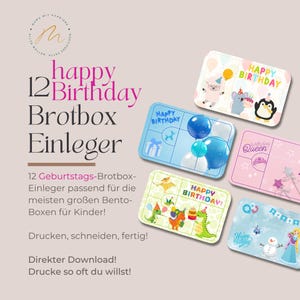 Brotboxeinleger „Happy Birthday“ - 12 Inlays für MyVesperbox, Schmatzfatz, Bumpli & Co zum Geburtstag für Kinder und Jugendliche
