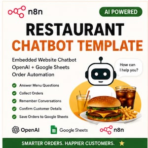 以下が含まれることがあります： n8n AI搭載レストランチャットボットテンプレートのグラフィック。白いロボットのアイコン、How can I help youと書かれた吹き出し、ハンバーガー、フライドポテト、飲み物が描かれています。テキストにはRestaurant Chatbot Templateと機能リストが含まれています。