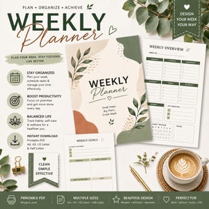 Op de afbeelding: Een weekplanner-set met een omslag met botanische illustraties, de tekst Weekly Planner en de zin Small Steps. Big Plans. Great Week. Bevat een weekoverzicht, een pagina voor weekdoelen en een gouden paperclip.
