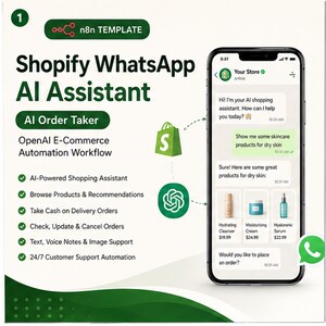 Può includere: Un grafico digitale per un modello n8n intitolato Shopify WhatsApp AI Assistant. Presenta uno smartphone che mostra un'interfaccia di chat con un assistente agli acquisti IA, un logo Shopify e un elenco di funzioni di automazione in verde.