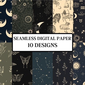 Puede incluir: Diez diseños de papel digital sin costuras con motivos celestiales y astrológicos. Los diseños incluyen constelaciones, lunas, estrellas, soles, mariposas y símbolos del zodíaco en oro y blanco sobre fondos negro y verde. El texto "Seamless Digital Paper 10 Designs" se muestra en un cuadro blanco.