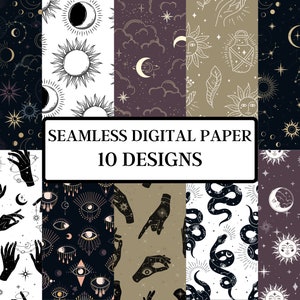 May include: A set of 10 digital paper designs featuring celestial and mystical themes. The designs include moons, stars, suns, hands, eyes, snakes, and other celestial elements. The designs are in black, white, and gold on a variety of backgrounds.