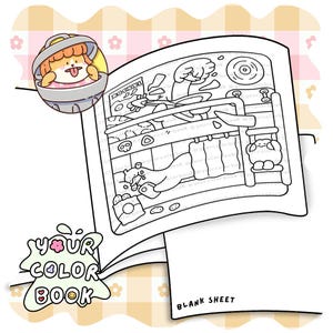 May include: A coloring book page featuring a line art illustration of a character playing a guitar in a room with a bunk bed, accompanied by a small circular sticker of a character in a trash can and a label reading YOUR COLOR BOOK.