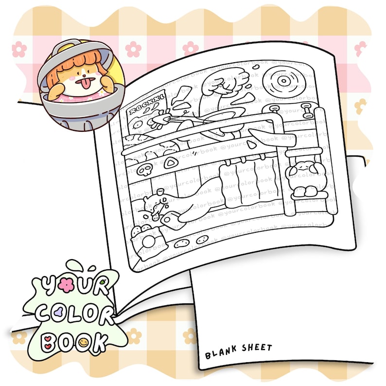 May include: A coloring book page featuring a line art illustration of a character playing a guitar in a room with a bunk bed, accompanied by a small circular sticker of a character in a trash can and a label reading YOUR COLOR BOOK.