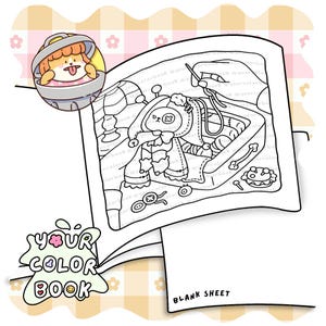 Pode incluir: Uma p&aacute;gina de livro de colorir com uma ilustra&ccedil;&atilde;o de linhas de uma boneca costurada dentro de uma caixa, um pequeno &iacute;cone circular de um personagem em uma lixeira e o texto YOUR COLOR BOOK e BLANK SHEET na p&aacute;gina e na capa.