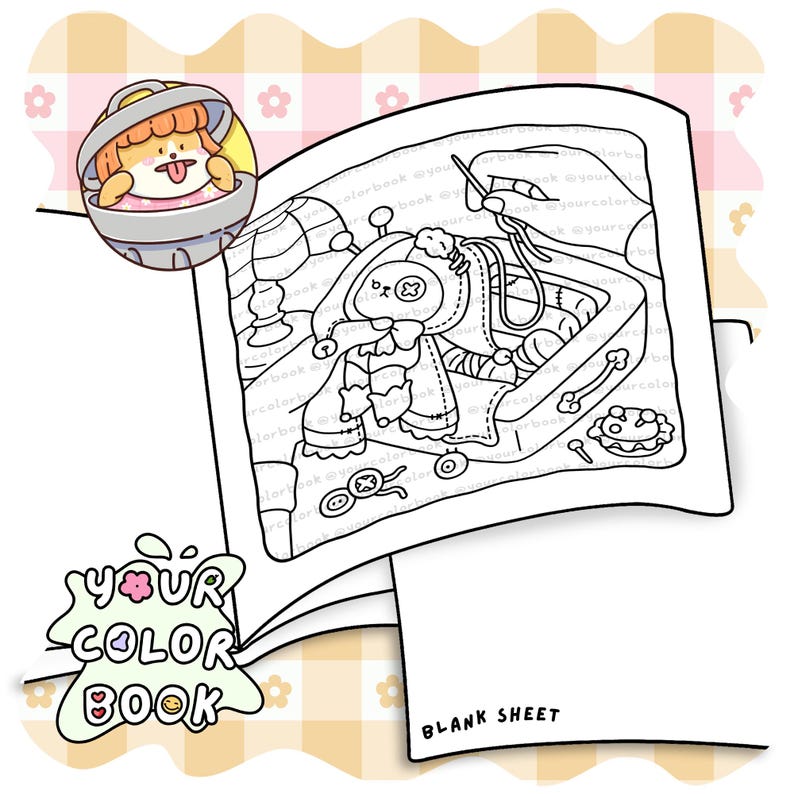 Pode incluir: Uma p&aacute;gina de livro de colorir com uma ilustra&ccedil;&atilde;o de linhas de uma boneca costurada dentro de uma caixa, um pequeno &iacute;cone circular de um personagem em uma lixeira e o texto YOUR COLOR BOOK e BLANK SHEET na p&aacute;gina e na capa.