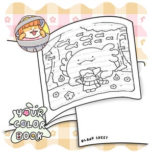Puede incluir: Una p&aacute;gina de libro para colorear con una ilustraci&oacute;n de l&iacute;neas de un ajolote, un personaje peque&ntilde;o y peces, un icono circular de un personaje en un cubo de basura y un logo que dice YOUR COLOR BOOK. Una hoja blanca est&aacute; marcada BLANK SHEET.