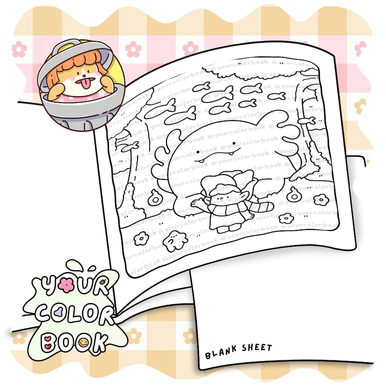 Puede incluir: Una p&aacute;gina de libro para colorear con una ilustraci&oacute;n de l&iacute;neas de un ajolote, un personaje peque&ntilde;o y peces, un icono circular de un personaje en un cubo de basura y un logo que dice YOUR COLOR BOOK. Una hoja blanca est&aacute; marcada BLANK SHEET.