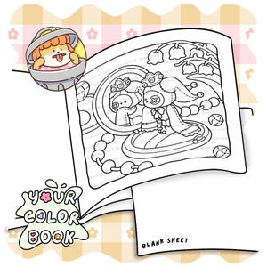 Pode incluir: Uma p&aacute;gina de livro de colorir com uma ilustra&ccedil;&atilde;o de linhas de uma boneca com olhos de bot&atilde;o usando uma coroa e capa, refletida num espelho circular. Uma pequena personagem de desenho animado num caixote do lixo e o texto YOUR COLOR BOOK s&atilde;o vis&iacute;veis.