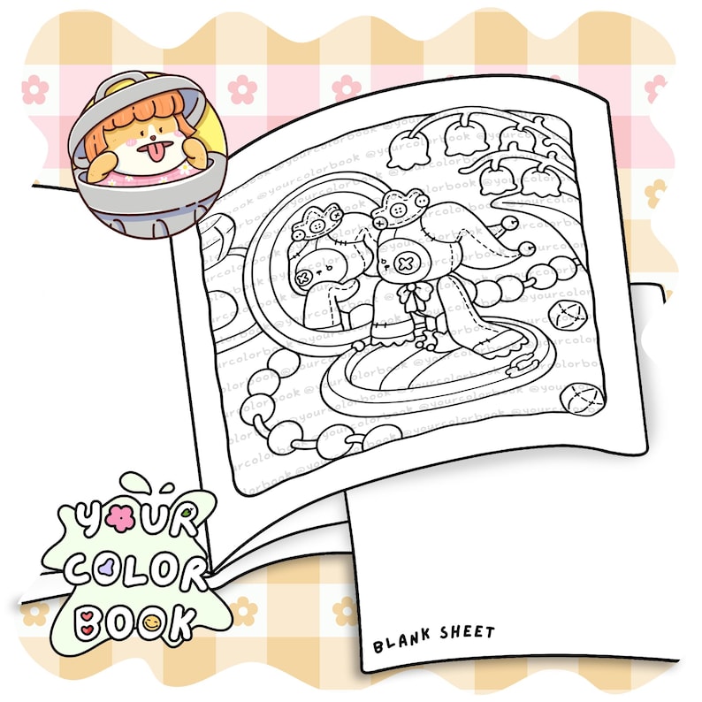 Pode incluir: Uma p&aacute;gina de livro de colorir com uma ilustra&ccedil;&atilde;o de linhas de uma boneca com olhos de bot&atilde;o usando uma coroa e capa, refletida num espelho circular. Uma pequena personagem de desenho animado num caixote do lixo e o texto YOUR COLOR BOOK s&atilde;o vis&iacute;veis.
